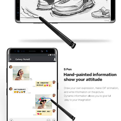 Black touch stylus S Pen for Galaxy Note 8 with the smartphone showing hand-drawn lines