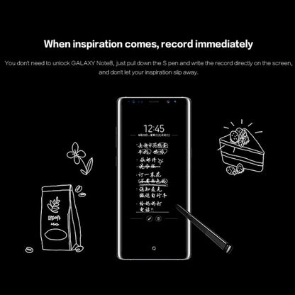 Black touch stylus S Pen for Galaxy Note 8 beside the smartphone with writing on screen