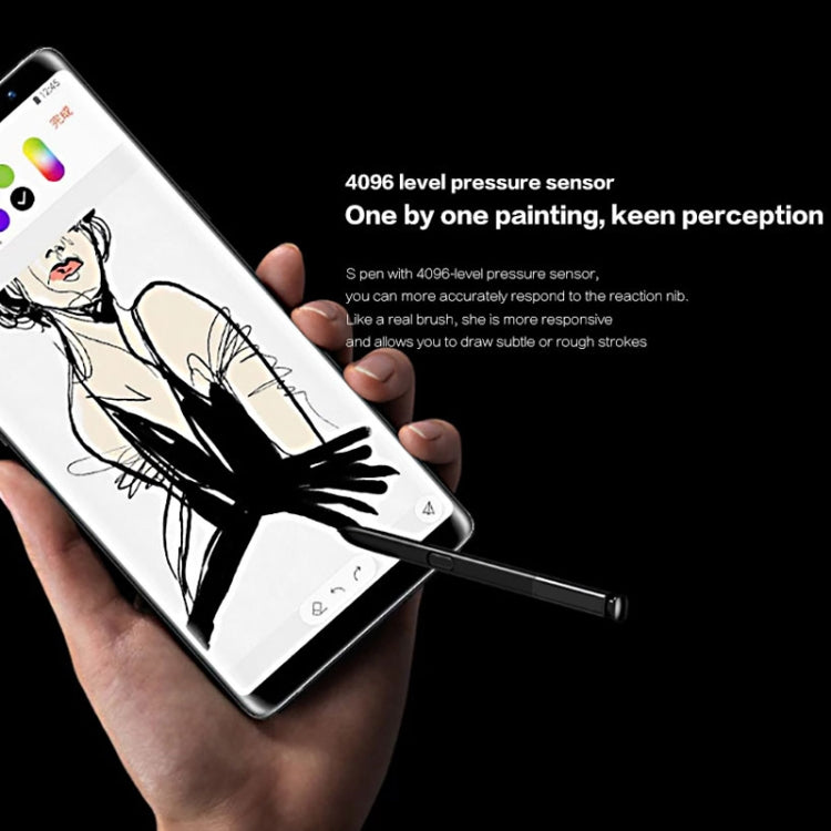 Black touch stylus S Pen for Galaxy Note 8 held to draw on the smartphone screen