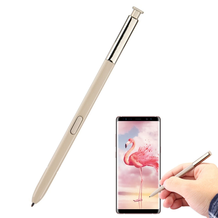 Gold touch stylus S Pen for Galaxy Note 8 with a hand drawing on the smartphone