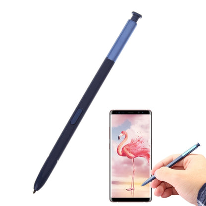 Blue touch stylus S Pen for Galaxy Note 8 with a hand writing on the phone screen