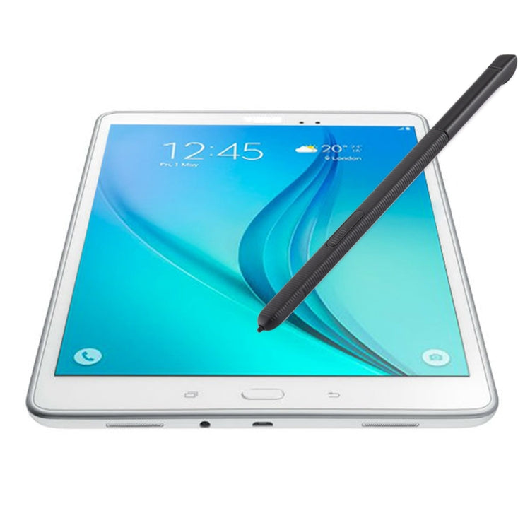 Black touch stylus pen with textured grip, angled on a tablet screen