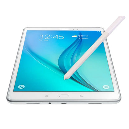 White touch stylus pen on a tablet screen, diagonal placement