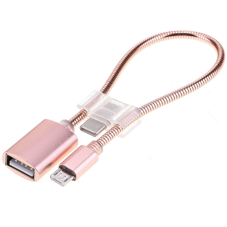 Rose gold USB to Type-C OTG adapter cable with micro USB connector and braided cord