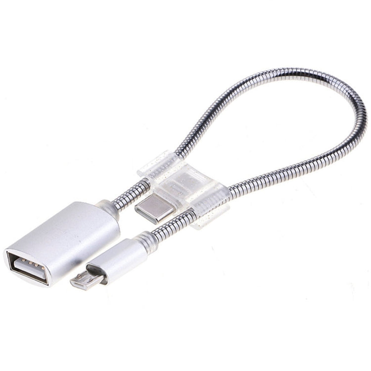 Silver USB to Type-C OTG adapter cable with micro USB connector and braided cord