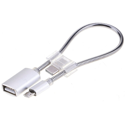 Silver USB to Type-C OTG adapter cable with micro USB connector and braided cord