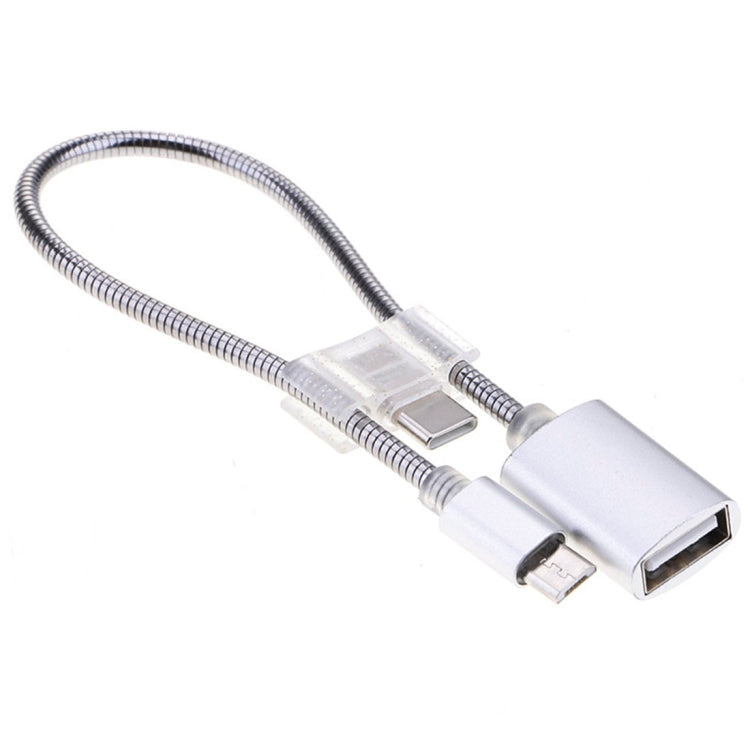 Silver Type-C to micro USB OTG adapter cable with braided metal housing