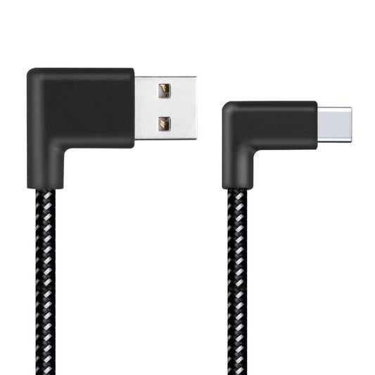 Black right-angle USB-A to USB-C cable with braided nylon jacket