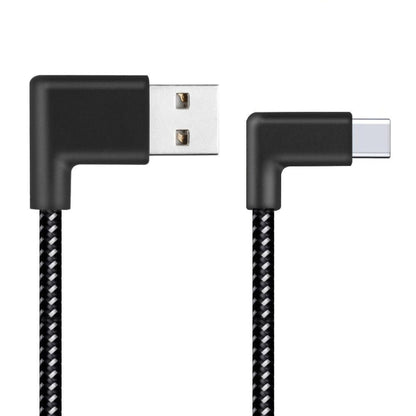 Black right-angle USB-A to USB-C cable, braided texture and molded ends