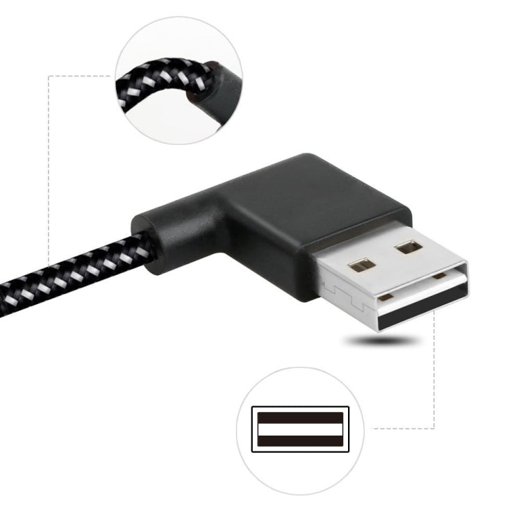 Black braided nylon USB-A to USB-C cable with right-angle plug connectors