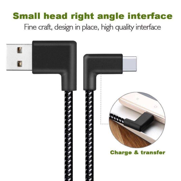 Black right-angle USB-A to USB-C cable with two braided sections