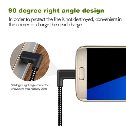90-degree right-angle USB connector on black braided USB-A to USB-C cable