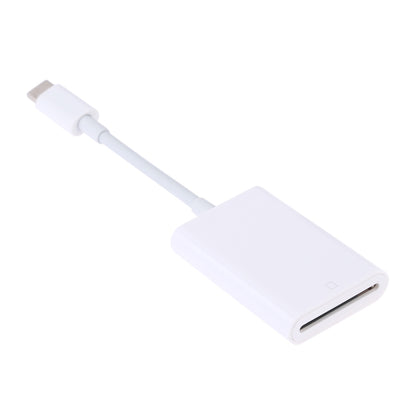 USB-C to SD card reader adapter, white cable with exposed SD connector port