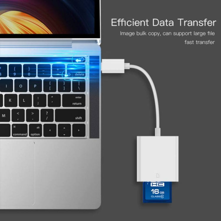 USB-C SD card camera reader adapter with SD card inserted, Type-C cable