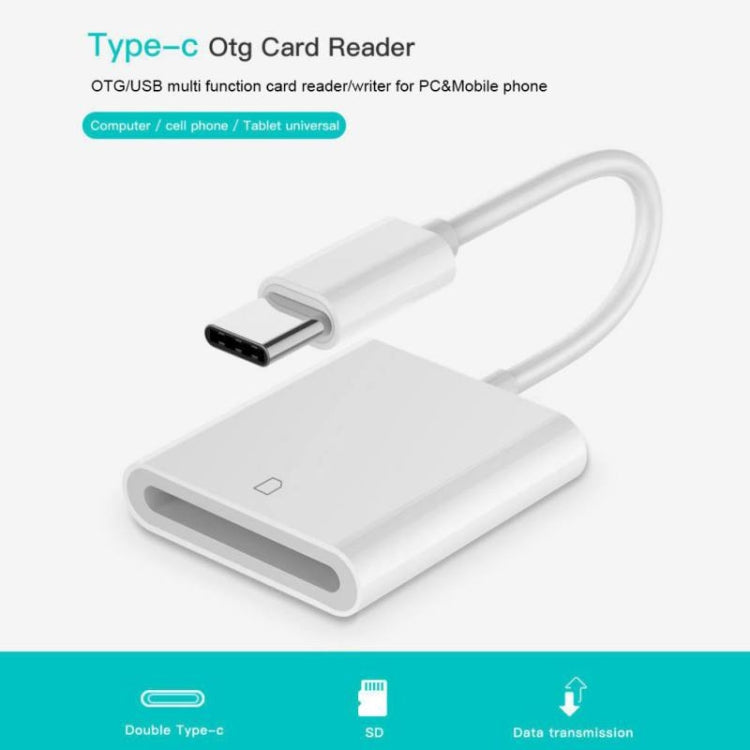 USB-C SD card reader adapter with USB-C connector and cable, white