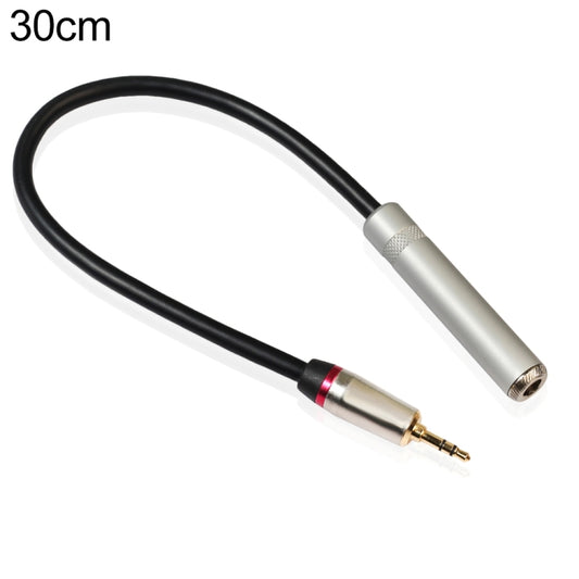 Audio adapter cable, black cord with silver 3.5mm plug and 6.5mm female jack, 30cm