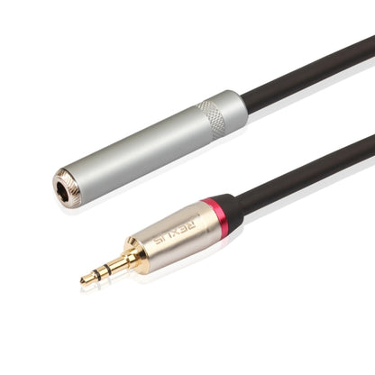 Audio adapter cable with 3.5mm TRS plug and 6.5mm female jack, black cord, silver ends