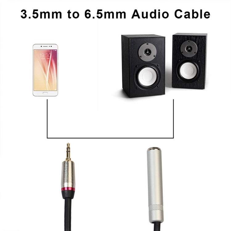 3.5mm to 6.5mm audio adapter cable with 3.5mm plug and 6.5mm jack, black cord