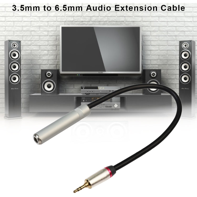 3.5mm to 6.5mm audio adapter cable with silver jack and gold 3.5mm plug, black cord