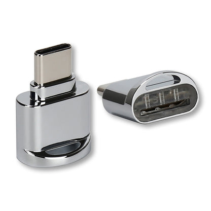 Silver USB-C to TF card reader adapter with compact body and TF card opening