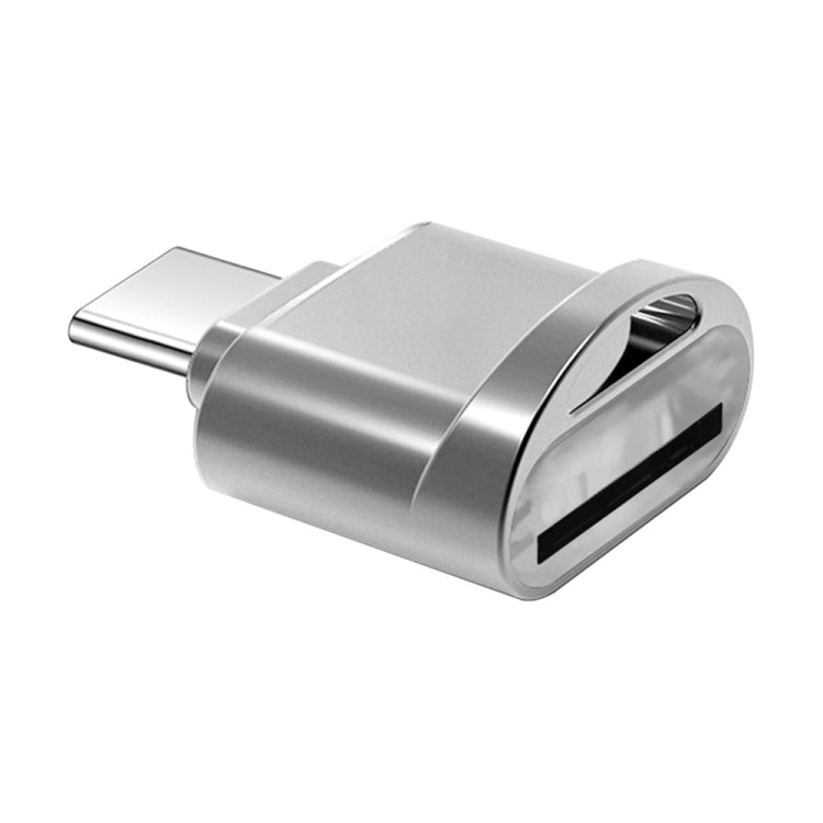 Silver USB-C to TF card reader adapter showing USB-C plug and TF card slot