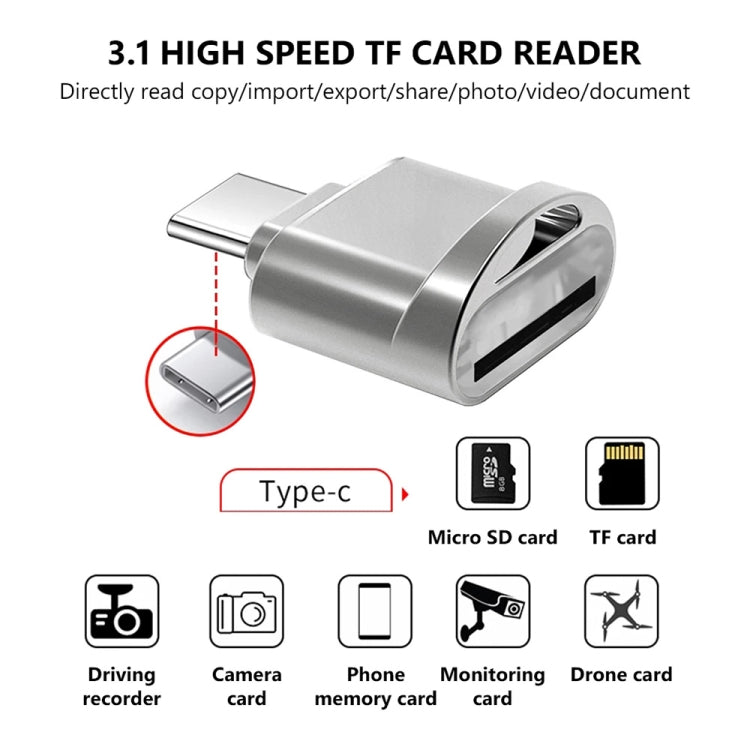 Silver USB-C TF card reader adapter with visible Type-C end and card slot