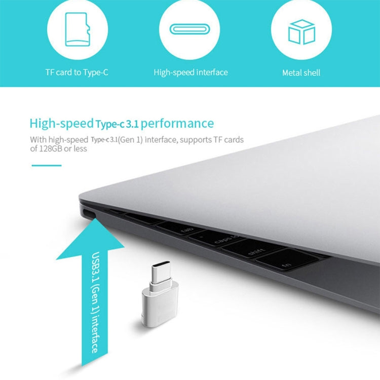 Silver USB-C to TF card reader adapter with metal shell design
