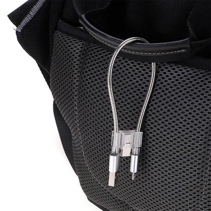 USB charging cable connectors on a black mesh pouch, braided and flexible