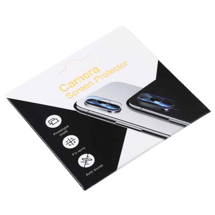 Camera lens film packaging box, white/black, angled view with two lens protectors