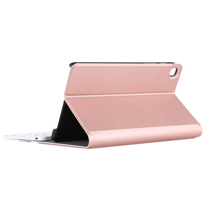 Rose gold folio tablet case with angled kickstand and detachable keyboard beneath