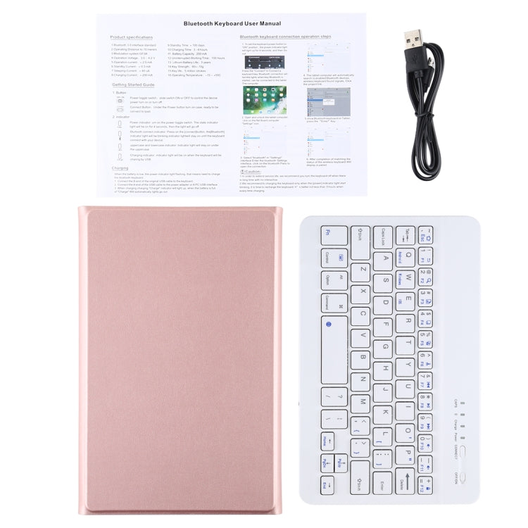 Rose gold tablet case with detachable Bluetooth keyboard set and USB charging cable