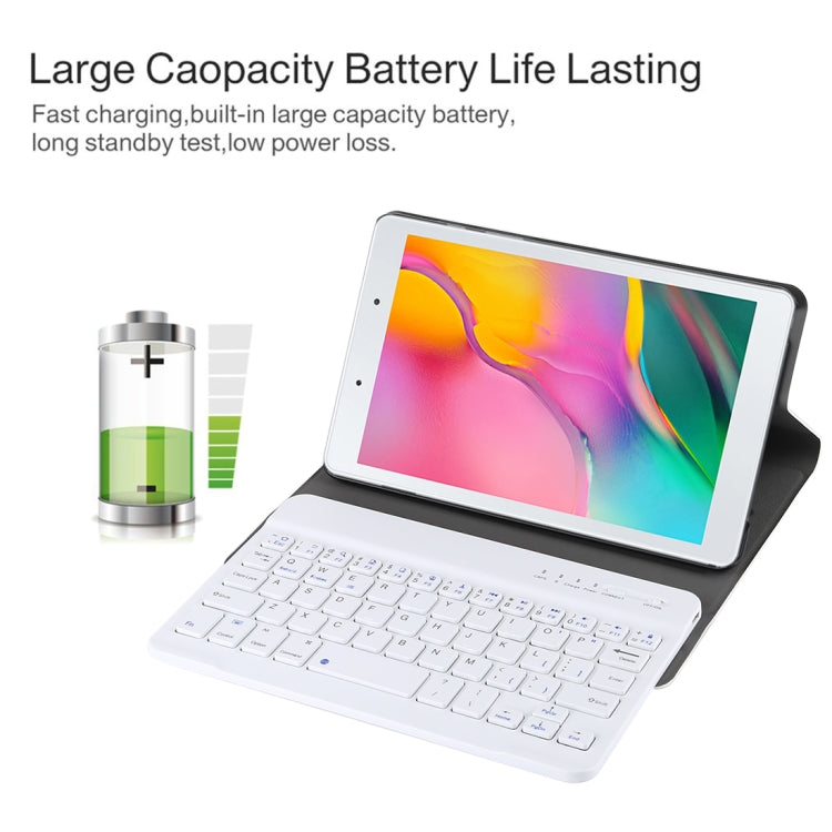 Bluetooth keyboard case with tablet on stand and illustrated battery life graphic