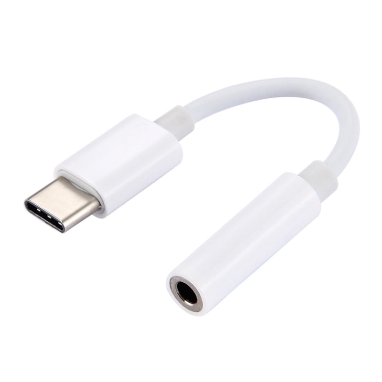 White USB-C male to 3.5mm female audio adapter cable with two connector ends