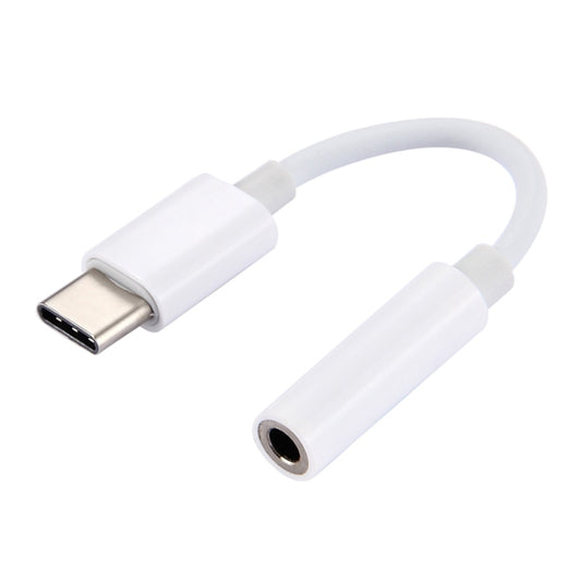 White USB-C male to 3.5mm female audio adapter cable with two connector ends