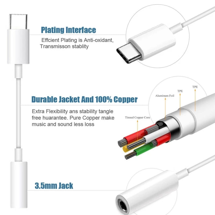 White 3.5mm female audio jack adapter cable with USB-C male connector end