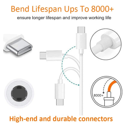 White USB-C to 3.5mm audio adapter cable with compact molded connectors