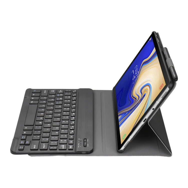 Bluetooth keyboard tablet case with black keys and stand, tablet screen visible