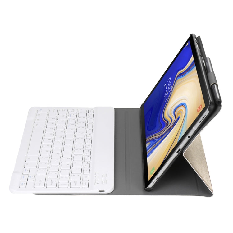 Bluetooth keyboard tablet case with white keys, dark cover, tablet on adjustable stand