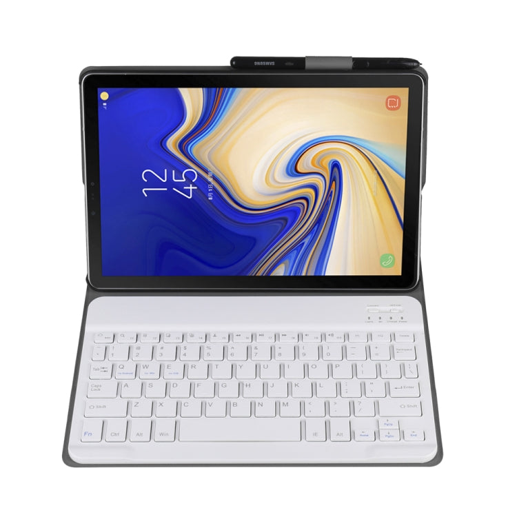Bluetooth keyboard tablet case with white keyboard and dark frame, tablet screen visible