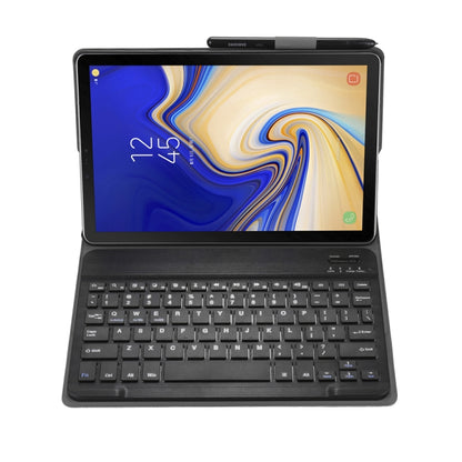 Black Bluetooth keyboard case opened for tablet use, front view with keys