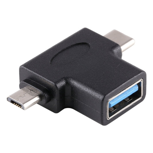 Black T-shape USB OTG adapter with micro USB plug and USB-A female port (blue insert).