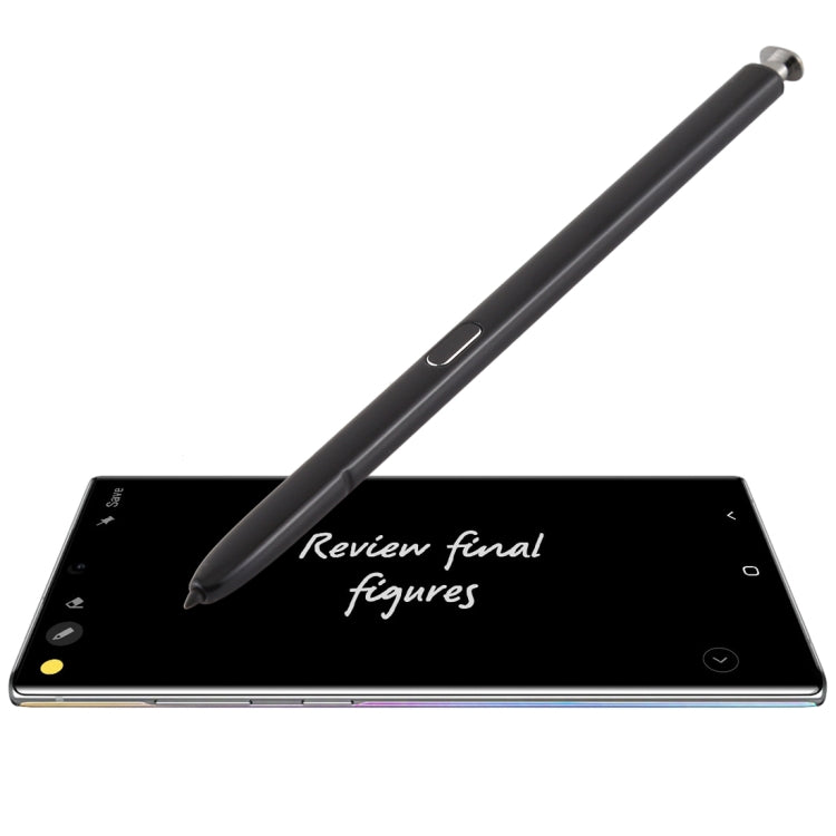 Black capacitive touch stylus pen with metal tip, shown on a tablet screen.