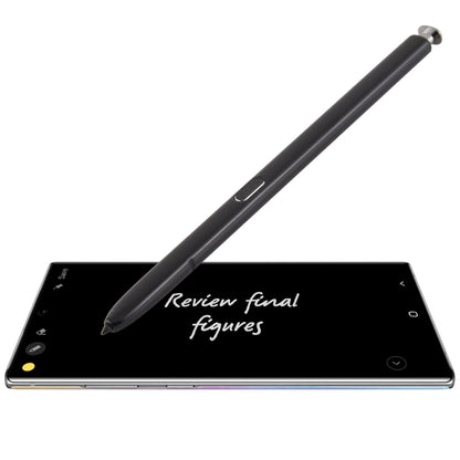 Black capacitive touch stylus pen with metal tip, shown on a tablet screen.