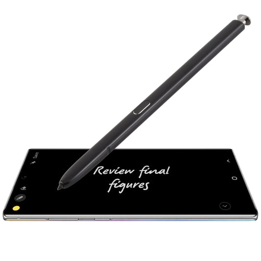 Black capacitive touch stylus pen with metal tip, shown on a tablet screen.