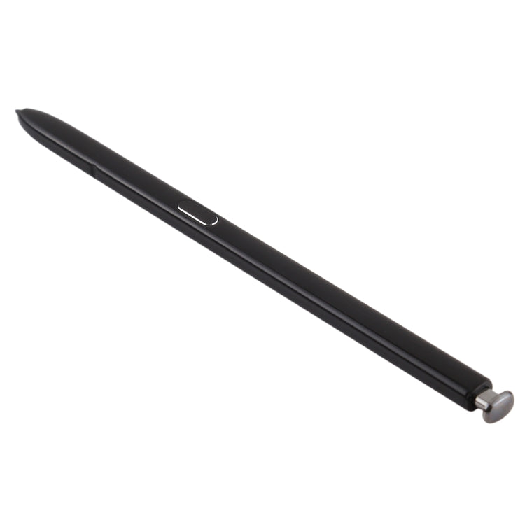 Black capacitive touch stylus pen with touch button on the barrel.