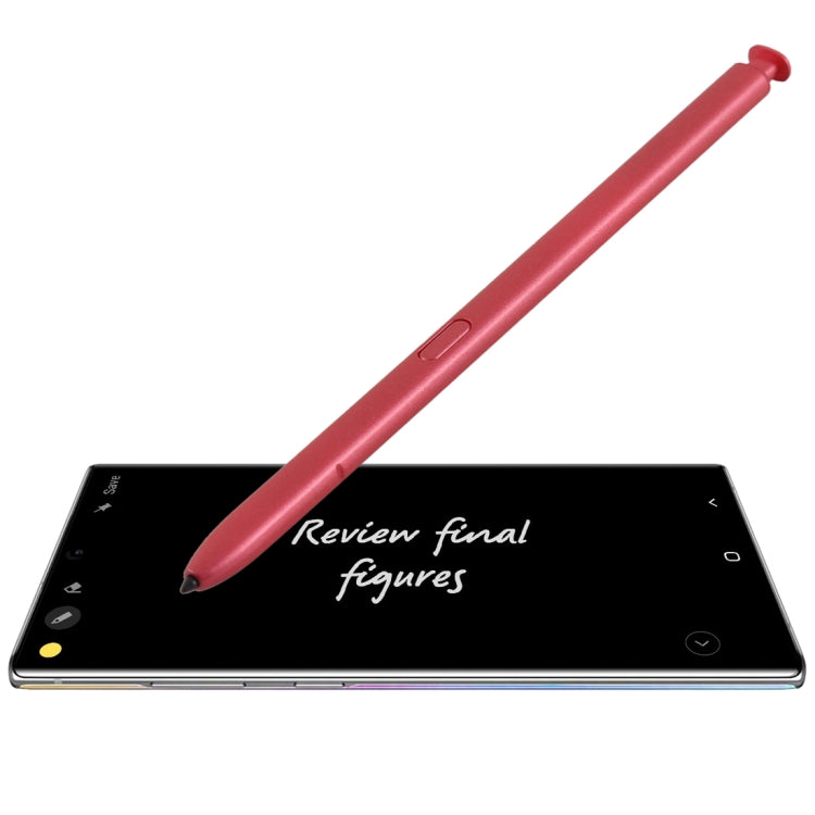 Red capacitive touch stylus pen with metal tip, shown writing on a tablet screen.
