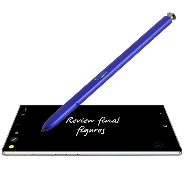 Blue capacitive touch stylus pen with metal tip, shown writing on a tablet screen.