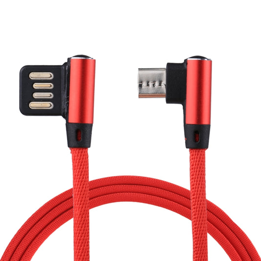 Red Micro USB charging cable with dual connectors and braided texture