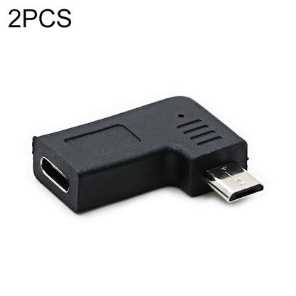 Black right-angle USB adapter, USB-C male to micro-USB connector