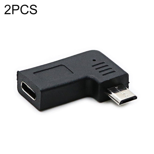 Black right-angle USB adapter, USB-C male to micro-USB connector